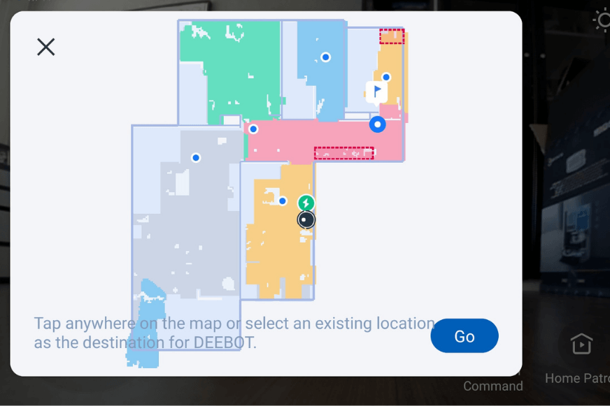 Tap To Go Funktion ist in der Ecovacs Deebot X1 OMNI App zu sehen